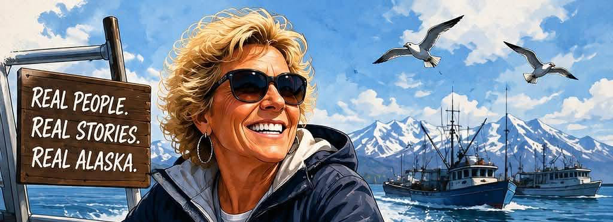 Denise smiling on the water with fishing boats and snowy mountains behind her. Sign reads: Real People. Real Stories. Real Alaska.